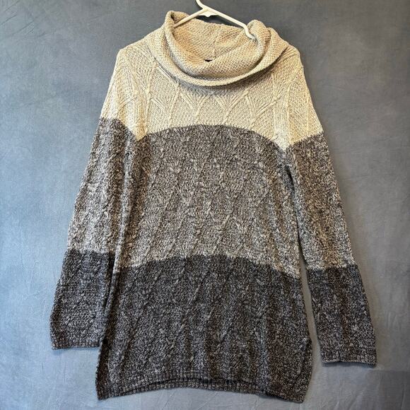 Jeanne Pierre Sweater Fisherman Tunic Colorblock Cable Knit Cowl Neck Preppy LG - Picture 1 of 12